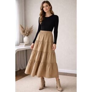 Brochu Walker Ava Tiered Dress Camel Combo Size M Long Sleeve Knit & Poplin Midi